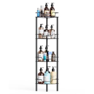 detukna corner shower caddy, 4 tier rustproof shower organizer shelf for bathroom shampoo storage, waterproof stainless steel floor corner stand rack for bathroom balcony kitchen, no drilling, black…