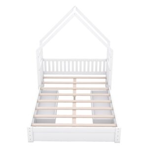 SOFTSEA Queen Size House Bed for Kids, Floor Bed Frame with 2 Storage Drawers, Low Wood Bed Frame with Guardrails and Roof, House Shaped Bed for Kids, White