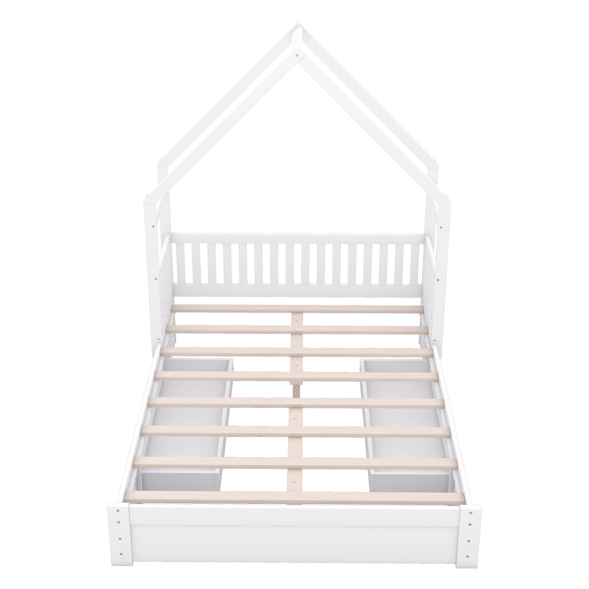 SOFTSEA Queen Size House Bed for Kids, Floor Bed Frame with 2 Storage Drawers, Low Wood Bed Frame with Guardrails and Roof, House Shaped Bed for Kids, White