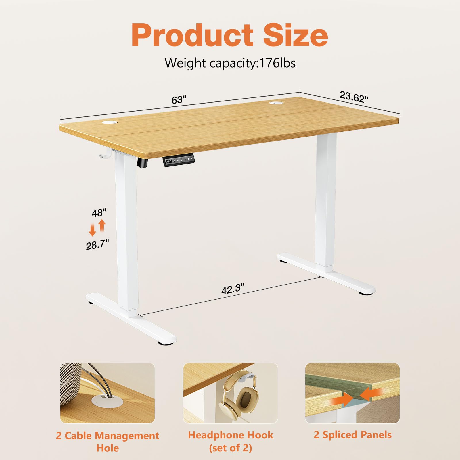 Sweetcrispy Electric Adjustable Height Standing Desk - 63 x 24 inch Sit to Stand Up Desk with Splice Board, Rising Home Office Computer Table with 2 Hook and Wire Hole for Work