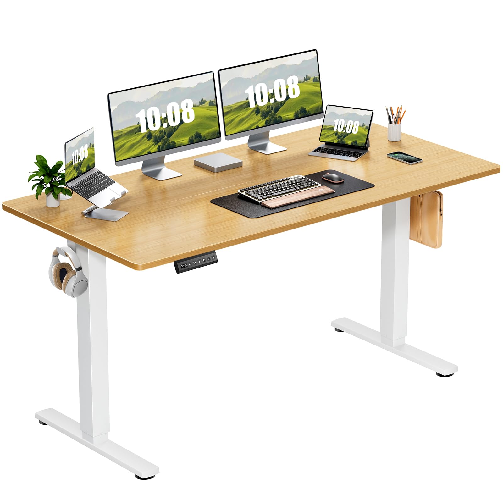 Sweetcrispy Electric Adjustable Height Standing Desk - 63 x 24 inch Sit to Stand Up Desk with Splice Board, Rising Home Office Computer Table with 2 Hook and Wire Hole for Work