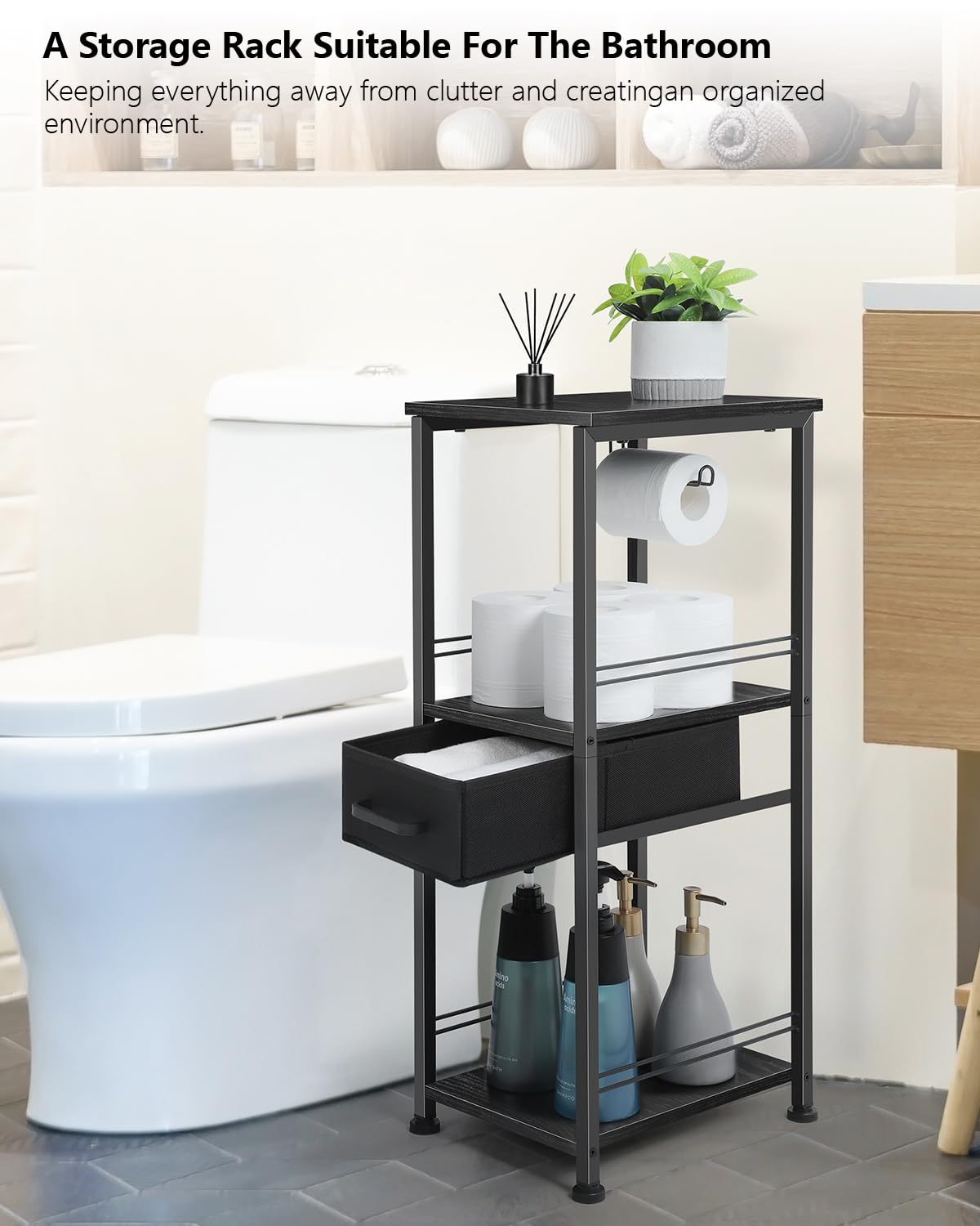 MOOACE Bathroom Storage Cabinet Free-Standing Bathroom Stand with Cloth Drawer Toilet Paper Storage Shelf 3 Tier Narrow Towel Organizer Cabinet for Small Space Bathroom Kitchen Laundry Room,Black