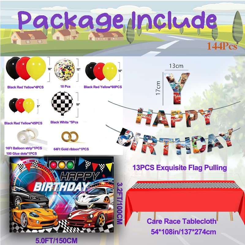 Lnkdeya Hot Cars Birthday Party Decoration - Race Cars Checked Birthday Balloon Garland Kit Cars Racing Backdrop Tablecloth