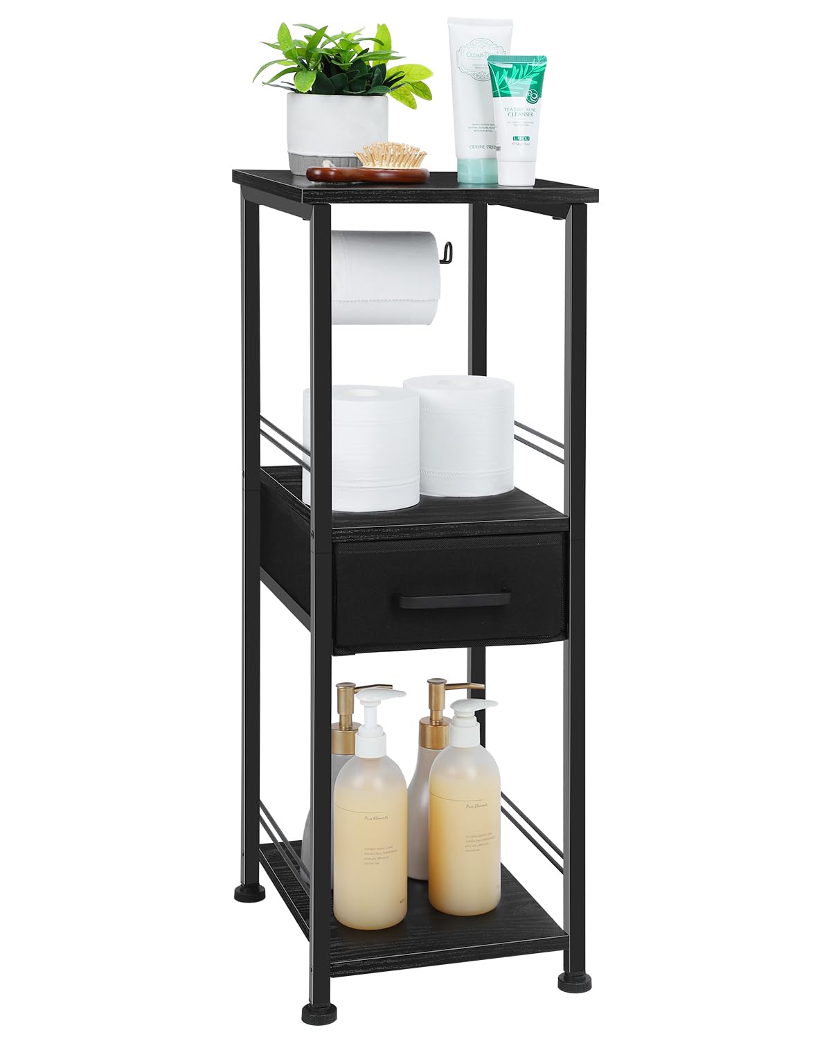 MOOACE Bathroom Storage Cabinet Free-Standing Bathroom Stand with Cloth Drawer Toilet Paper Storage Shelf 3 Tier Narrow Towel Organizer Cabinet for Small Space Bathroom Kitchen Laundry Room,Black