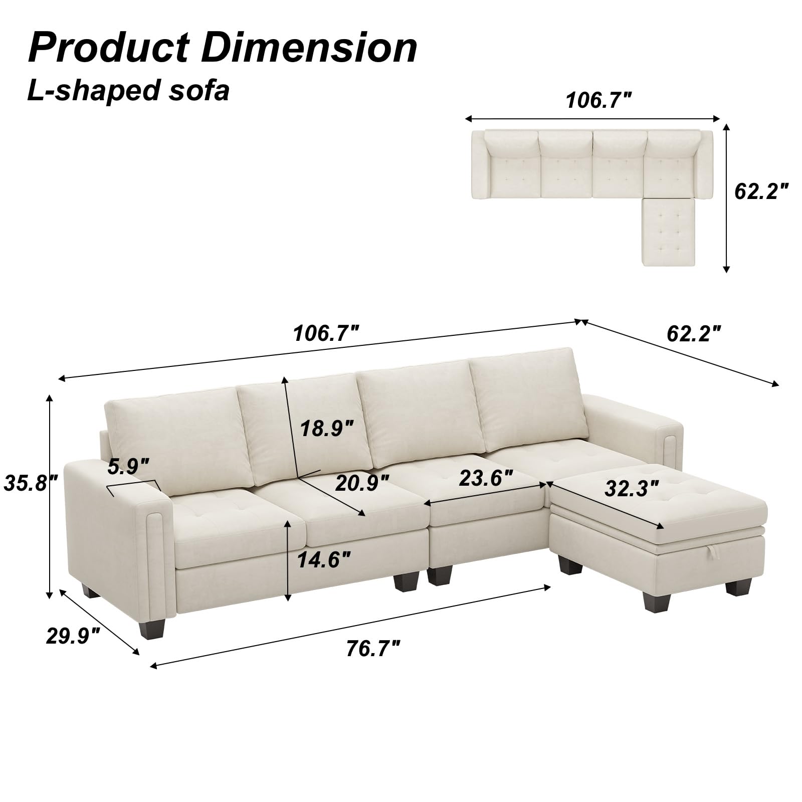 Belffin Velvet Reversible Sectional Sofa with Chasie Convertible L Shaped 4-seat Sectional Couch with Storage Ottoman Beige