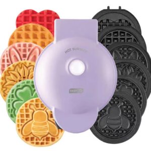 dash mini waffle maker with 7 removable plates-spring themed plates - bunny clover heart with storage container non-stick coating- temperature control- indicator light for home and travel, purple