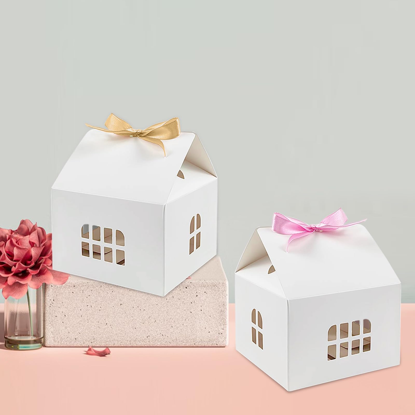 CODOHI 24PCS House Shaped Gift Boxes Paper House Boxes with Ribbons for Treats, House Gift Box Treat Boxes for Dessert, Fancy Cookie Boxes for Gift Giving