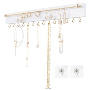 scunda wall jewelry holder organizer, adhesive jewelry organizer wall mount, space-saving jewelry rack with 14 hooks and holder, wooden jewelry shelf for necklace, earing, ring, bracelet(white)