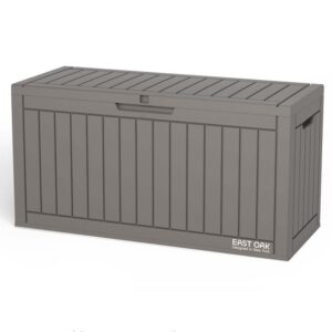 east oak 60 gallon outdoor storage box, deck box for indoor and outdoor use, waterproof resin storage bin for patio cushions, gardening tools, grey