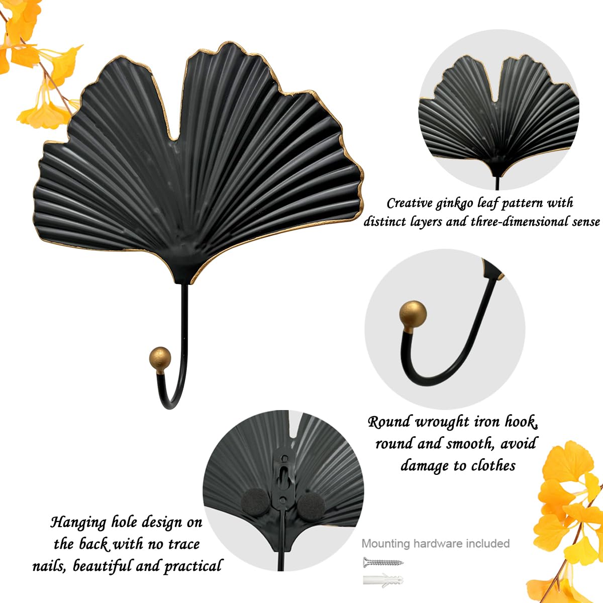 jomajo Iron Single Hooks Modern Leaf Decoration Style for Room Wall Mounted Decoration, Coats, Hats, Handbags Scarves Hanging, Home Decor 2pcs (6in Black)