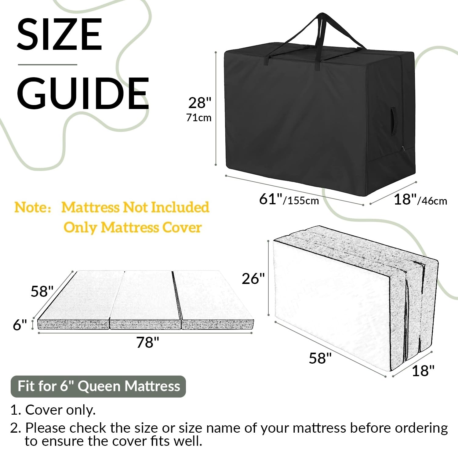 Joymo Foldable Mattress Storage Bag for 6" Queen, Waterproof Folding Mattress Moving Bag for Memory Foam Guest Bed, Dustproof Heavy Duty Tri-Fold Floor Mattress Carrying Case (61"x28"x18")