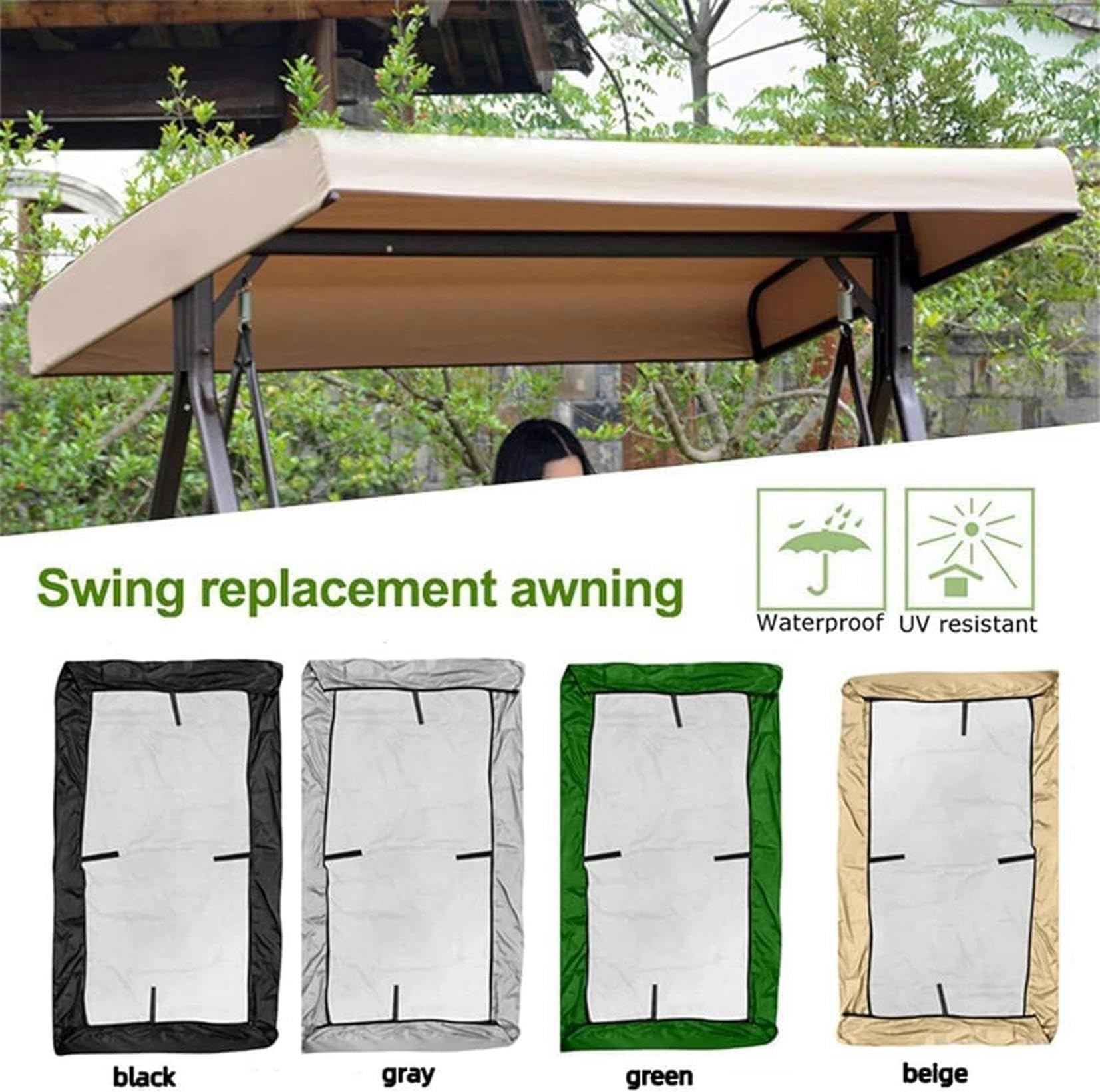 WZUOPG Outdoor Swing Canopy Replacement Cover 3 Seater 191x120x18cm/75x47x7'' Universal Patio Swing Cover,Waterproof Replacement Canopy Top Cover for Garden Swing Chair Patio Hammock, Beige