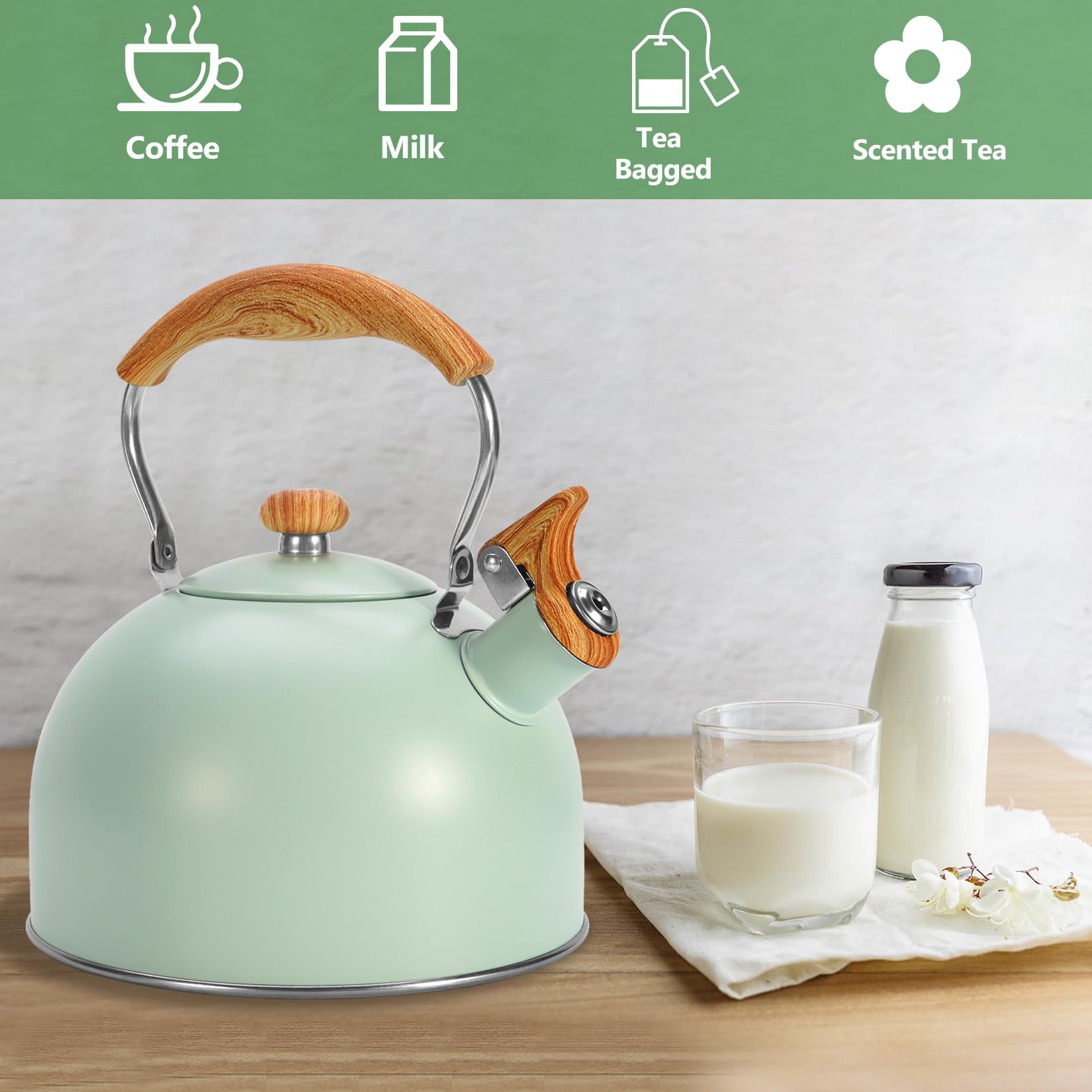 Foedo Tea Kettle Stovetop, 2.6 Quart cute teapot,loud whistle kettle, Food Grade Stainless Steel with Fold wood grain handle, Mint Green,With Anti Scald Towel