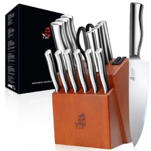 tuo knife set with block and sharpener, 16 pcs high carbon stainless steel knife block set, razor sharp kitchen knife set, non-slip ergonomic handle