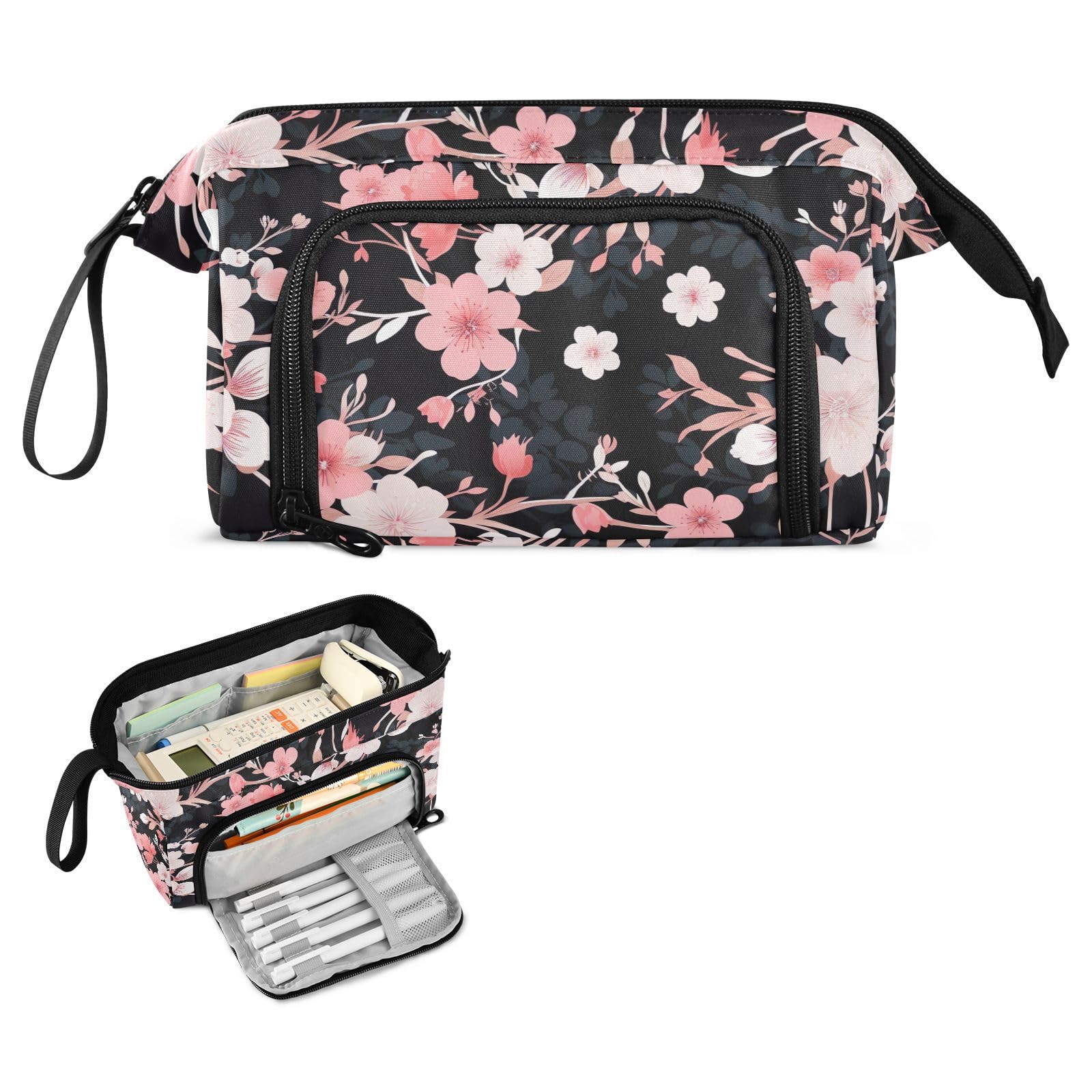 Generic Cherry Blossom Floral Large Pencil Case Pouch Pen Case for Girls Boys Adults Big Capacity Portable Pen Case Bag with Zipper Pencil Cases Pouches for Study Middle School Office College Desk