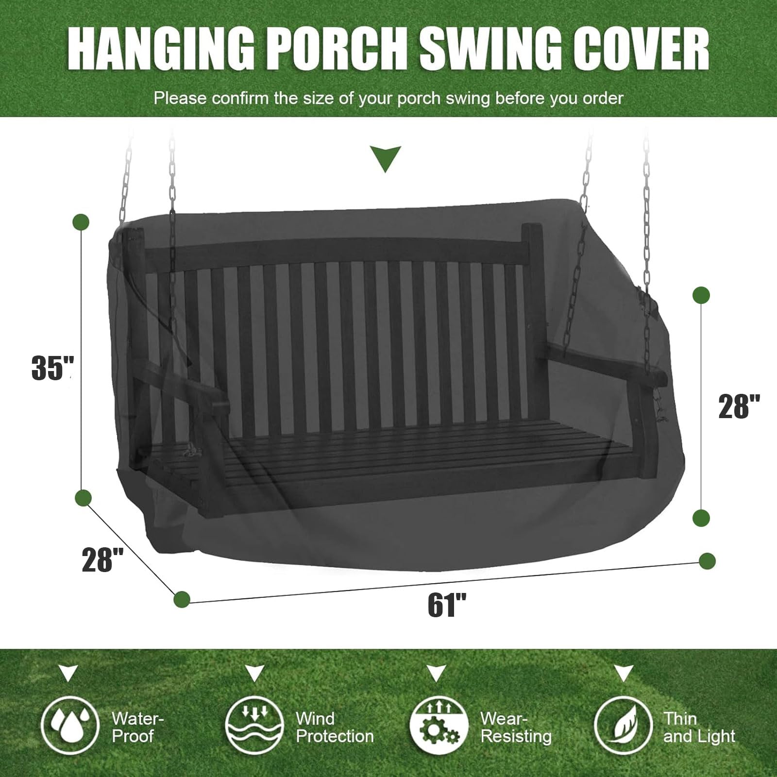 Outdoor Swing Cover Hanging Porch Swing Cover 61inch Waterproof 420D for Outdoor Furniture Patio Yard Hammock Swing Chair Cover Replacement Patio Furniture Cover 61x27.5X(35-27.5) Inch (Black)