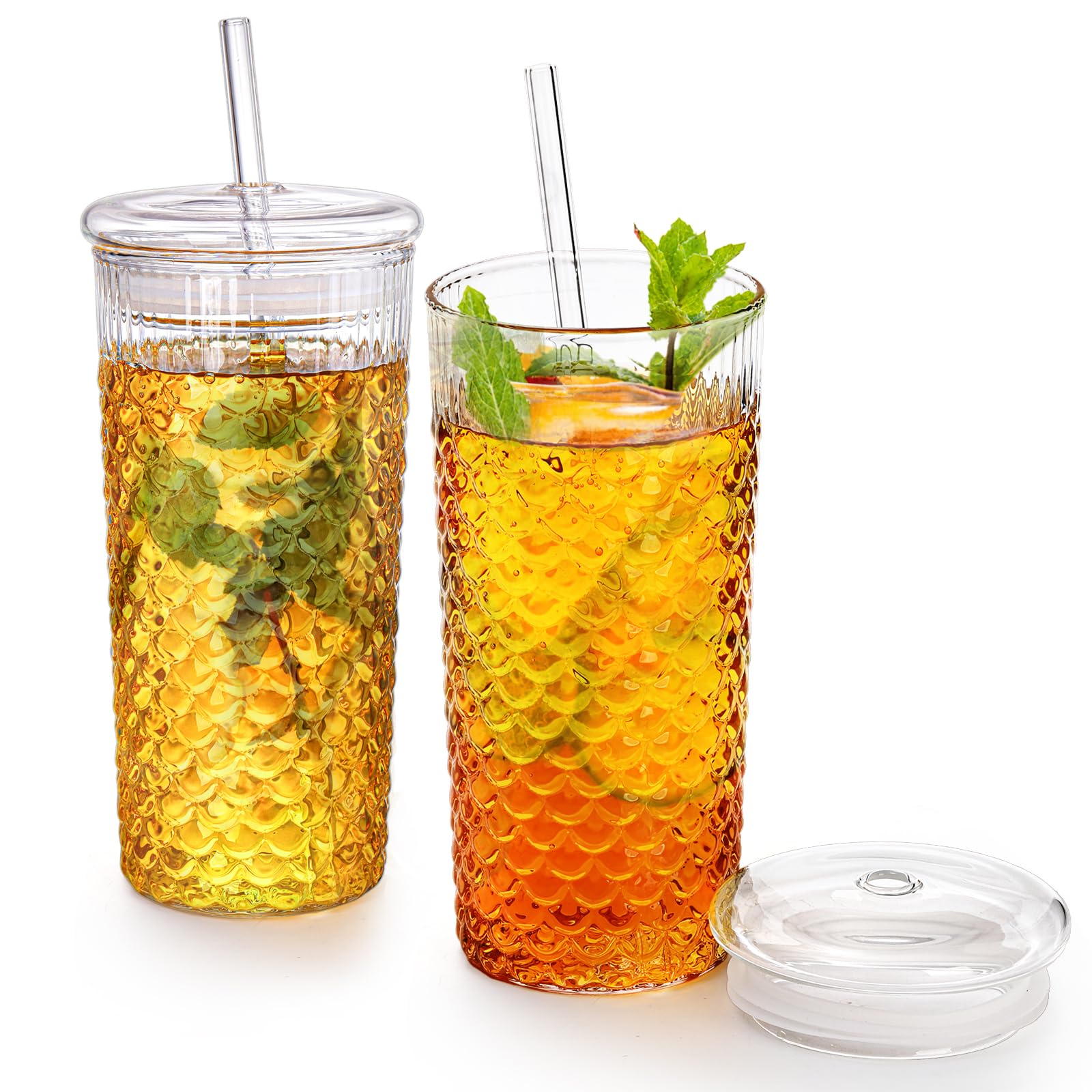 Tlence 2 Pack Glass Tumbler Cup With Lids and Straws, 25 OZ High Borosilicate Iced Coffee Cup, Embossed Fish Scale Glass Travel Mug for Smoothie Bubble Tea Juice Milk Water