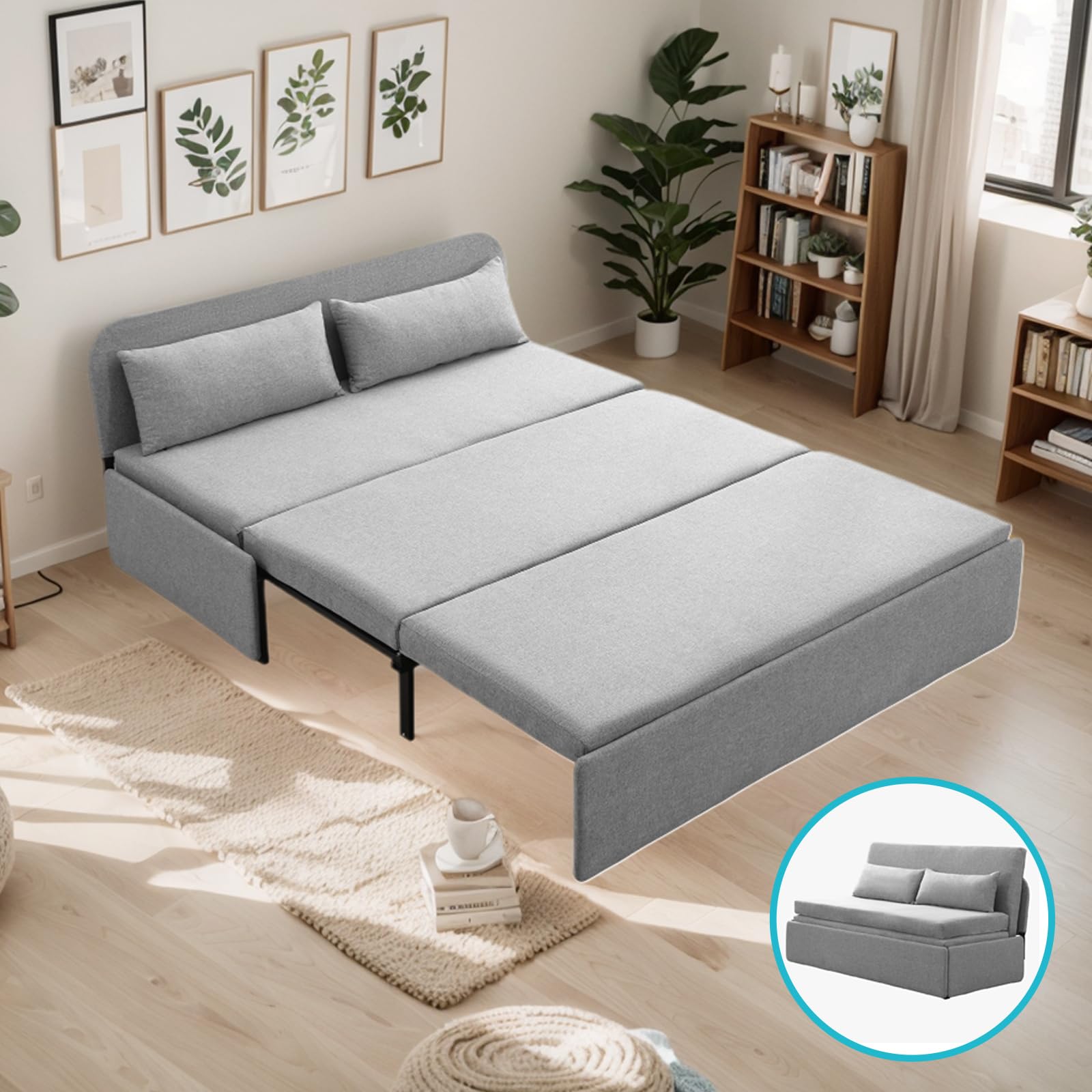 CECER Queen Size Pull Out Sofa Bed, Pull Out Couch Bed with 2 Pillows, Linen Convertible Sleeper Sofa with Foldable Mattress, 2 in 1 Armless Sleeper Sofa for Living Room (Light Grey)