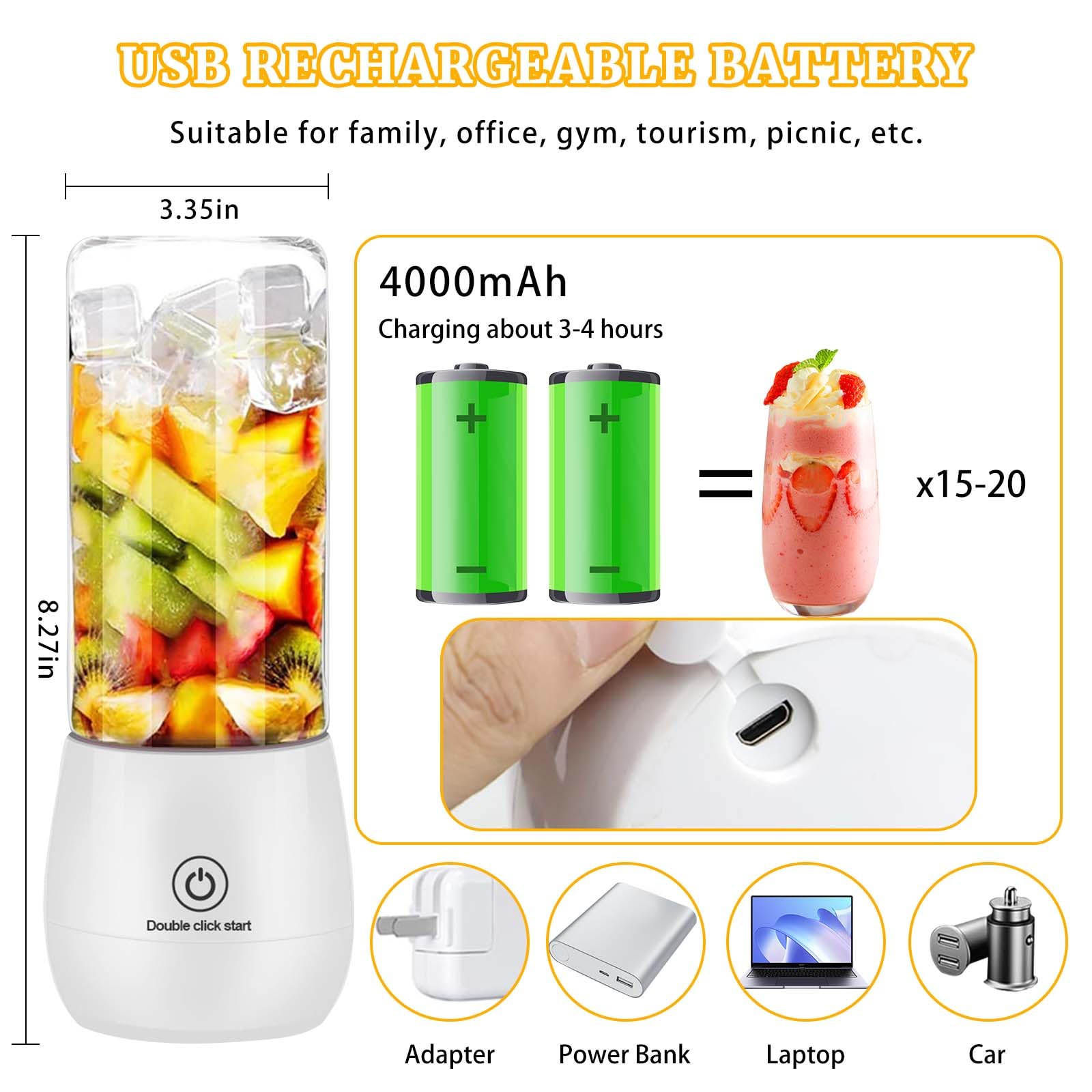 Cordless Portable Blender, USB Rechargeable Personal Blender, Powerful Small Blender for Smoothies and Shakes with Travel Cup Lid, Leakproof Waterproof Mini Blender for Frozen Drinks Juices Baby Food