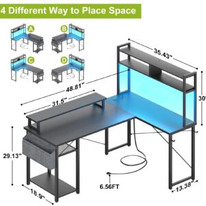 Besiost Small L Shaped Desk Gaming Desk with Power Outlets, 48" Reversible L Shaped LED Computer Desk with Monitor Stand & Storage Shelf, Corner Gamer Desk Home Office Desk with Storage Bag, Black