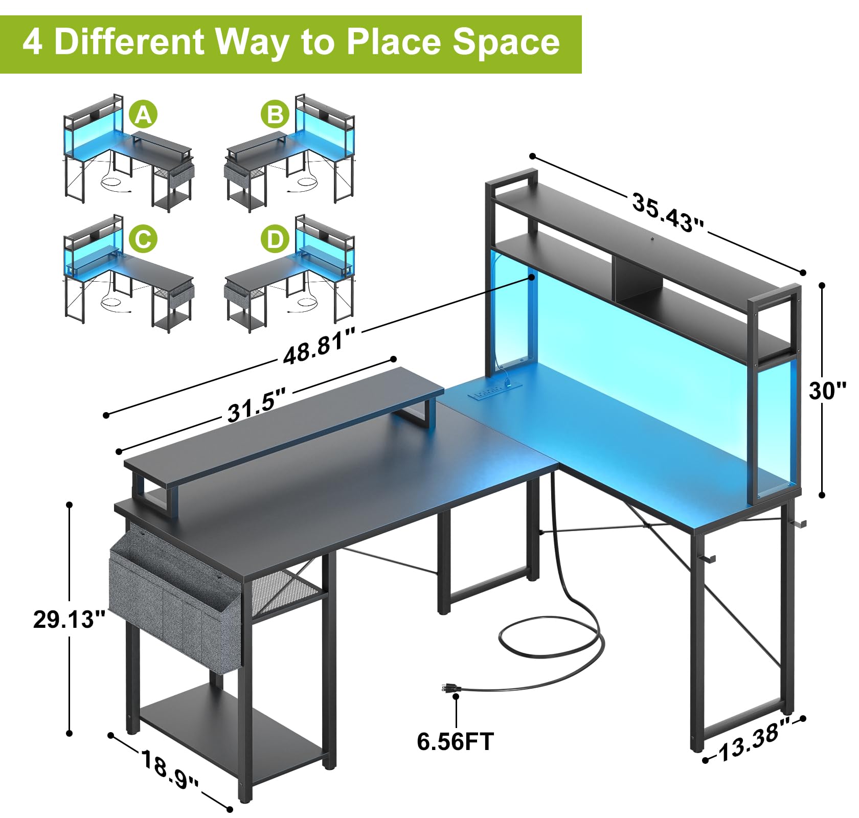 Besiost Small L Shaped Desk Gaming Desk with Power Outlets, 48" Reversible L Shaped LED Computer Desk with Monitor Stand & Storage Shelf, Corner Gamer Desk Home Office Desk with Storage Bag, Black