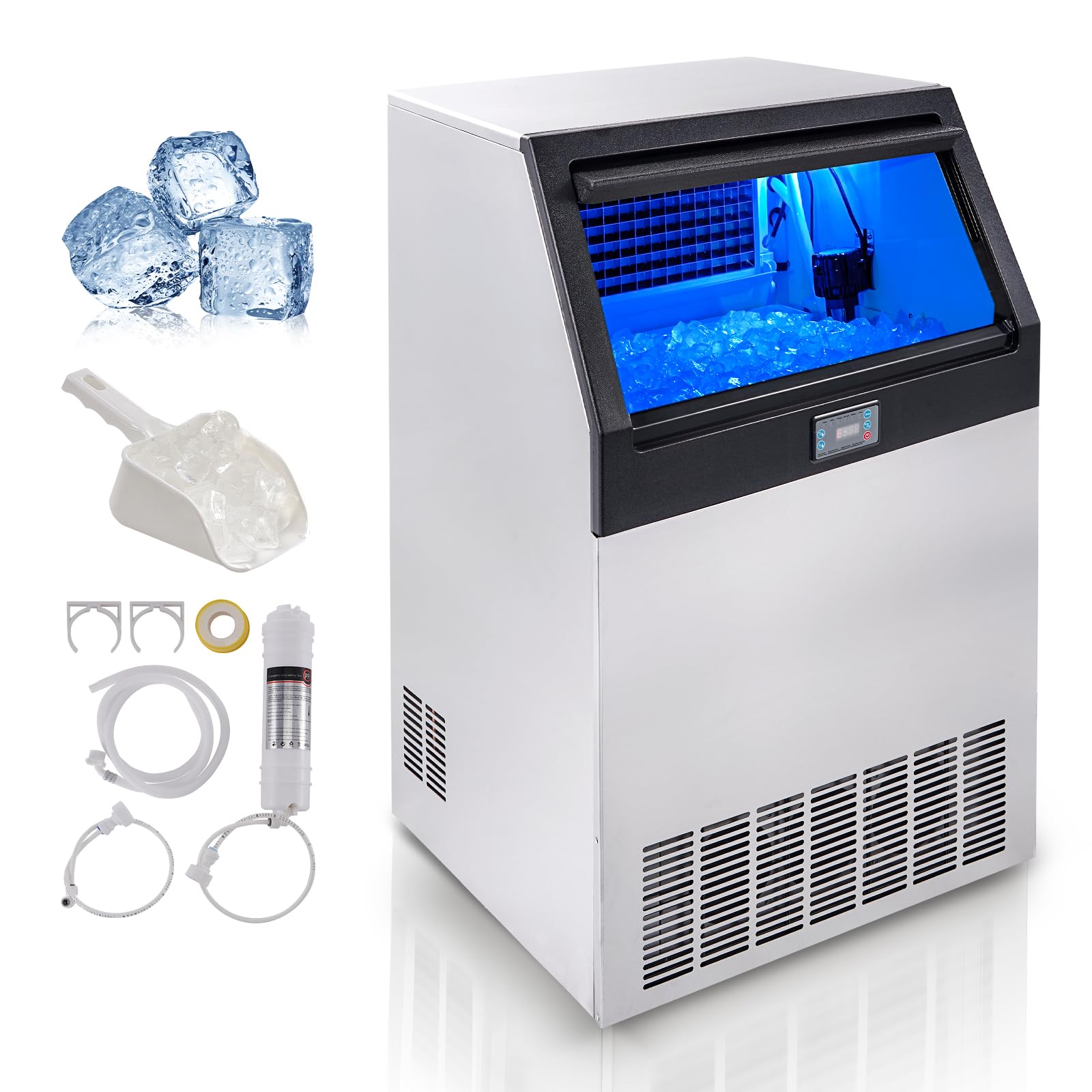 VEVOR Commercial Ice Maker Machine, 265lbs/24H, Ice Maker Machine, 126 Ice Cubes in 12-15 Minutes, LED Digital Display Free Standing Ice Maker with 88lbs Storage Capacity, for Home Office Restaurant