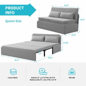 CECER Queen Size Pull Out Sofa Bed, Pull Out Couch Bed with 2 Pillows, Linen Convertible Sleeper Sofa with Foldable Mattress, 2 in 1 Armless Sleeper Sofa for Living Room (Light Grey)