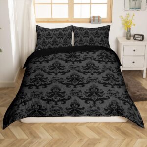 Feelyou Black Bedding Set Twin Size Kids Jacquard Comforter Cover Set for Boys Teens Sugar Skull Duvet Cover Exotic Black Damask Bedspread Cover Room Decor Quilt Cover