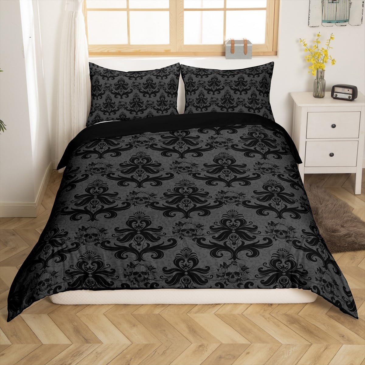 Feelyou Black Bedding Set Twin Size Kids Jacquard Comforter Cover Set for Boys Teens Sugar Skull Duvet Cover Exotic Black Damask Bedspread Cover Room Decor Quilt Cover