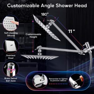 Shower Head with LED, High Pressure 10'' Rain Shower Head with 11'' Adjustable Extension Arm, LED Shower Head Color Changing Based On Water Temperture, Stainless Steel Shower Head with Hose, Chrome