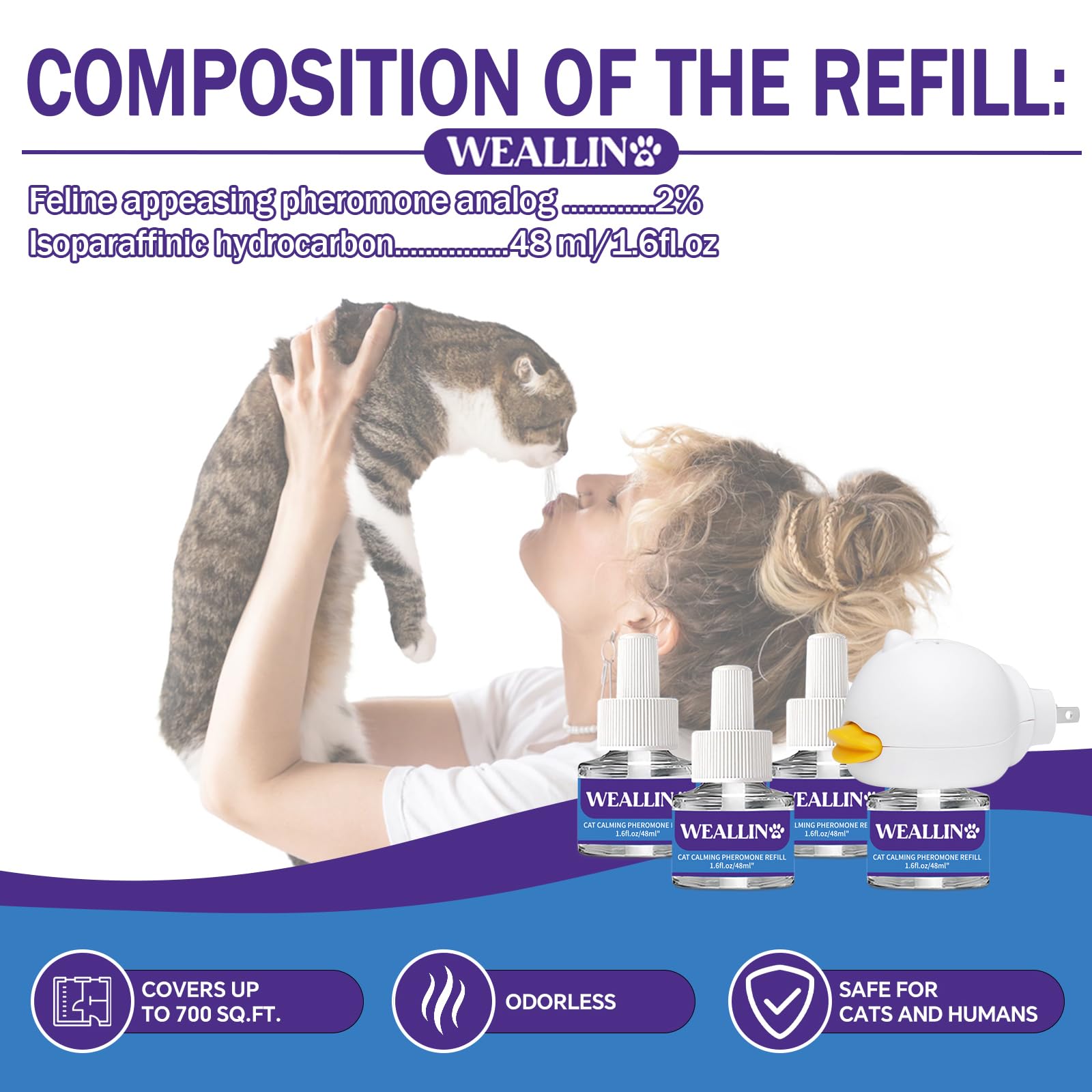 WEALLIN Cat Pheromones Calming Diffuser - Cat Calming Diffuser Kit Relieve Anxiety & Stress - 5-in-1 Cat Pheromone Diffuser Kit with 1 Diffuser + 4 Refill 48ml Vial-120 Days of Comfort and Relaxation