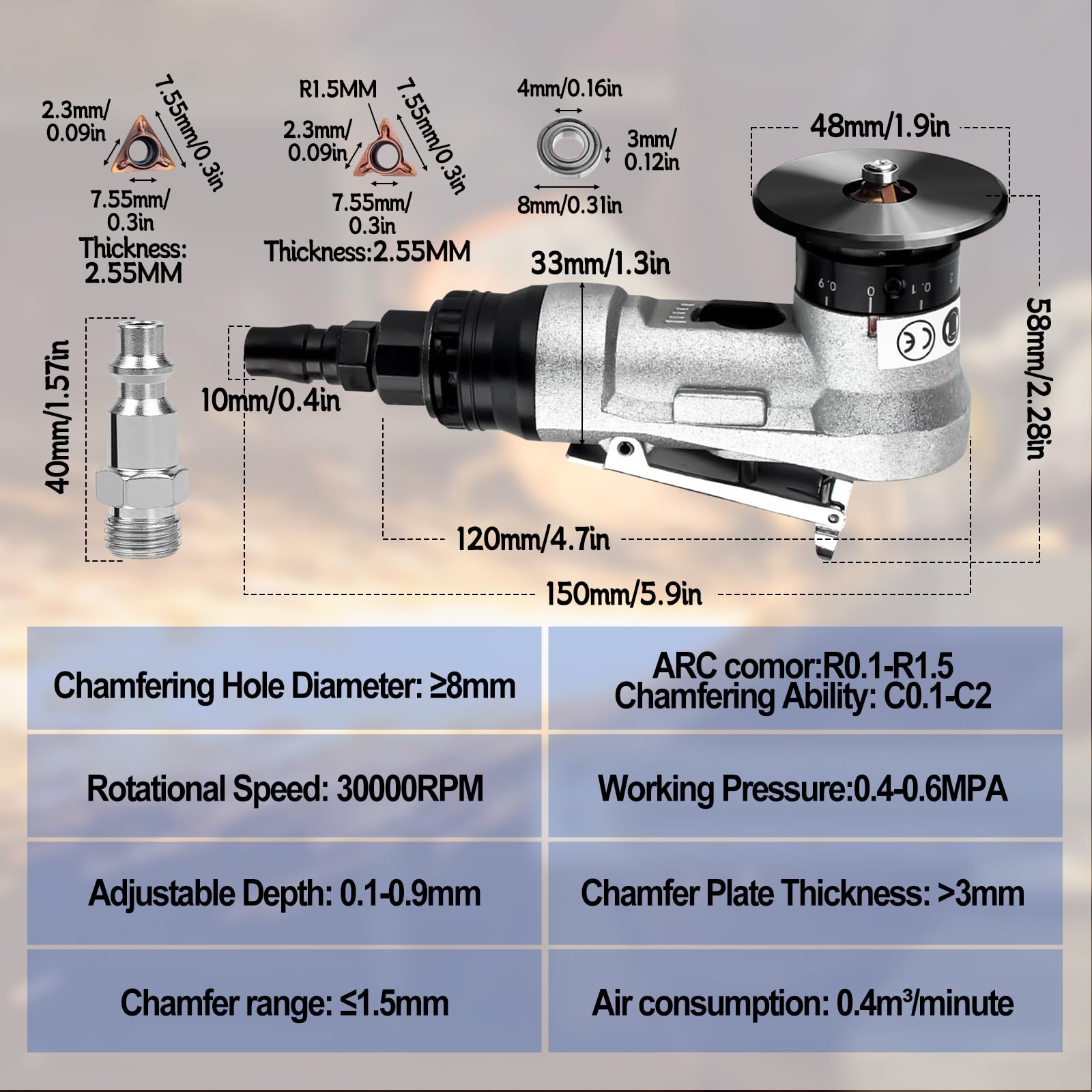 Yuqutum 2 in 1 Mini Pneumatic Chamfering Machine, Handheld 45 Degree Arc Pneumatic Chamfer Tool, Portable Deburring Tool for Metal Wood, Air Chamfer Tool with Replace Blade and Bearing(C/R blade)