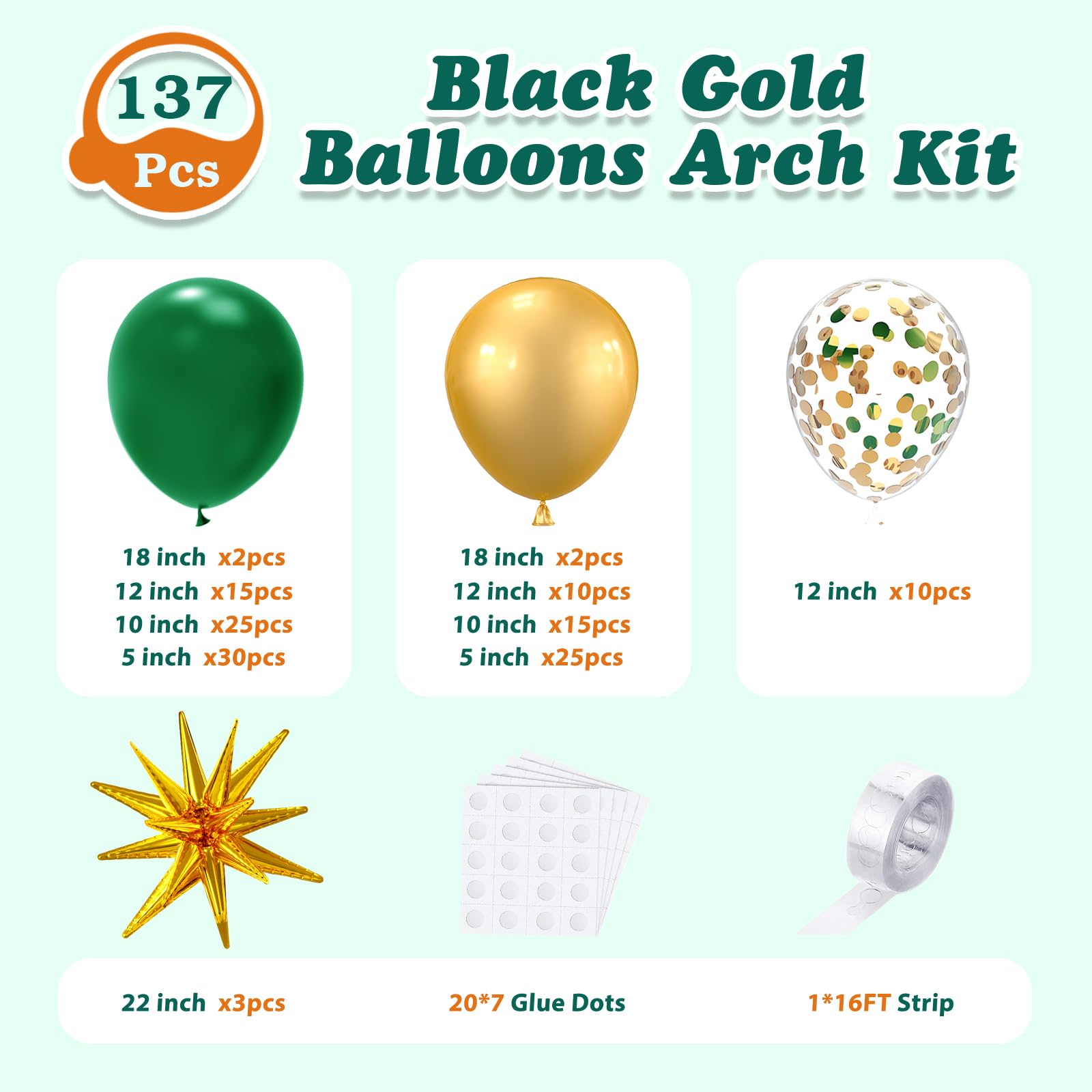 137Pcs Green and Gold Balloons Garland Arch Kit with Stars - 5 10 12 18 inch Dark Green Gold Confetti Latex Balloons for Birthday Baby Shower Emerald Green Jungle Party Decorations