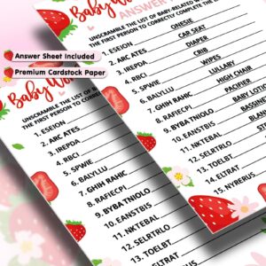 Sinasasspel 302pcs Strawberry Baby Shower Game Set Pack of 6 Activities for 50 Guests Includes Baby Shower Bingo, Baby Bump Or Beer Belly, Baby Word Scramble and More, Each 5x7 Inches