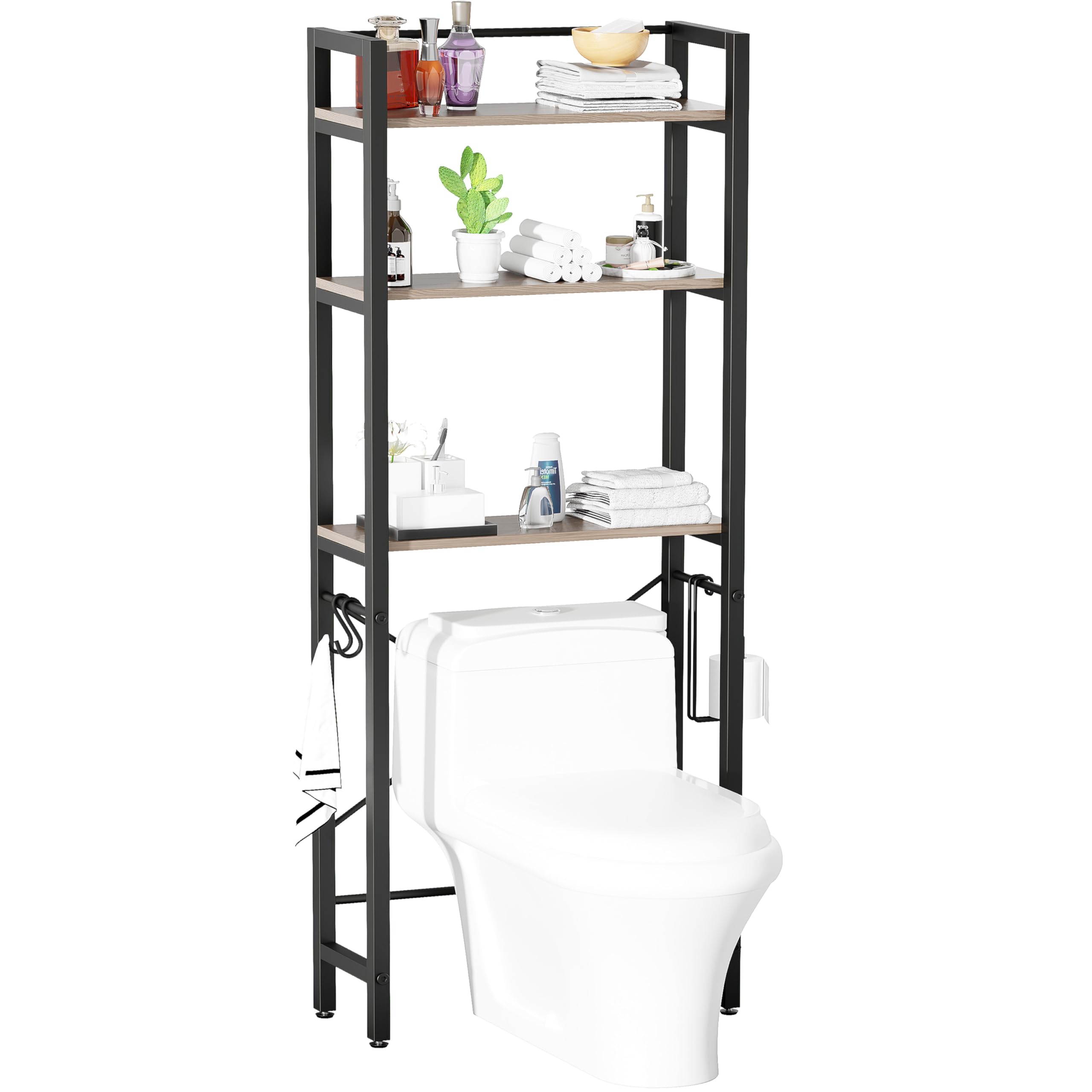 BEWISHOME Over The Toilet Storage, 3-Tier Bathroom Over Toilet Shelves with Hooks, Over Toilet Organizer, Above Toilet Shelf Rack Space Saver for Bathroom Washroom Balcony, Greige and Black YMJ02H