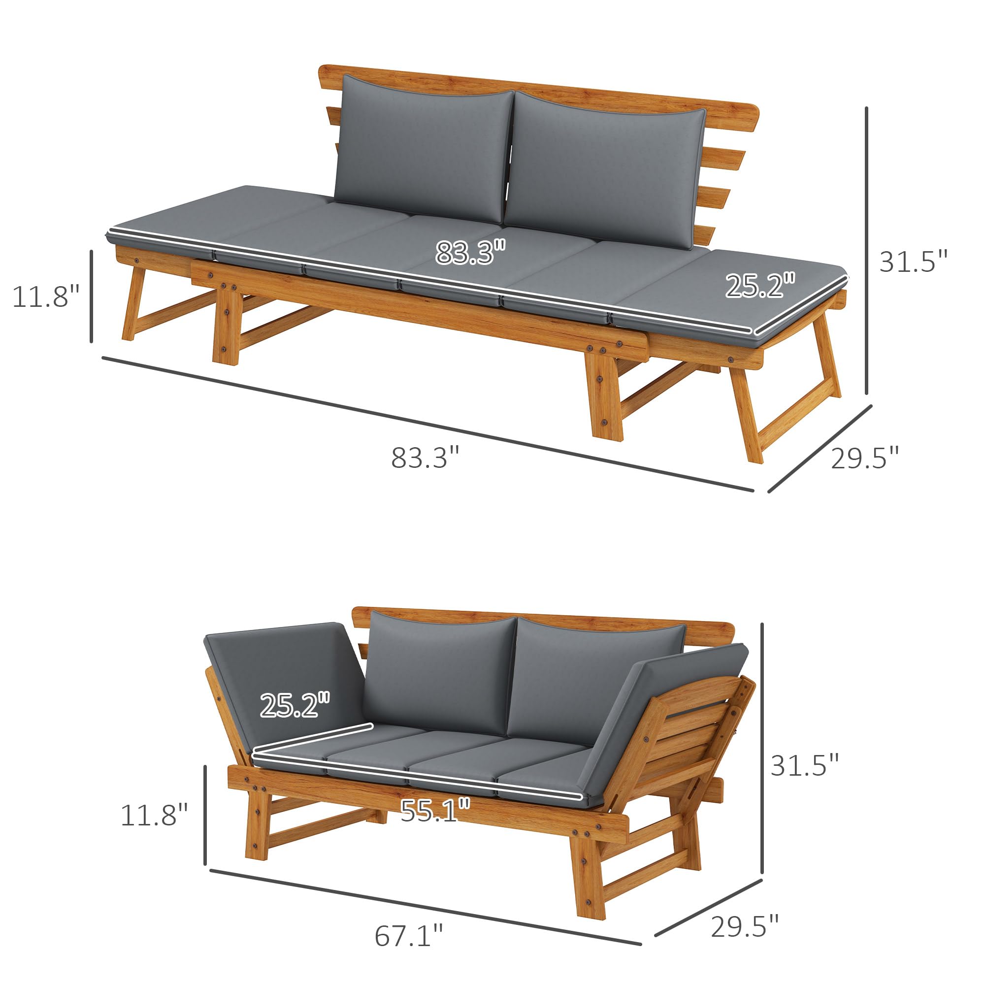 Outsunny Wooden Garden Bench for Outdoor with Cushions, Adjustable Armrests Front Porch Bench, Multifunctional Patio Loveseat, for Porch, Park, Balcony, Gray