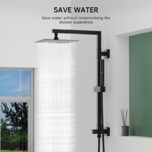 BESy Brass Shower Arm, Square 10 Inch Rainfall Shower Head with Handheld Spray Combo, Dual Showerhead Rain Set 2 Setting Hand Held Sprayer with Adjustable Slide Bar, With Shower Hose, Matte Black