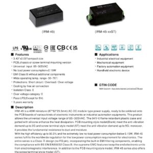 Mean Well IRM-45-5ST 40W AC-DC PCB-Mount Green Power Module IRM-45 5V 8A