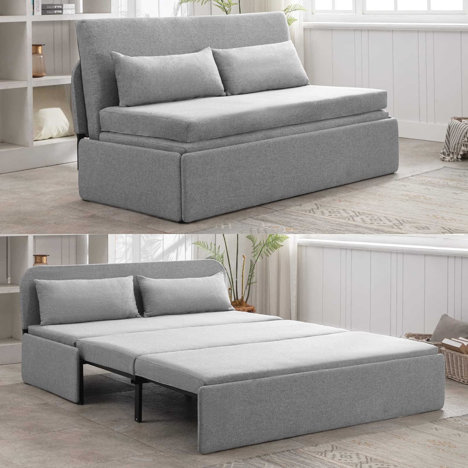 CECER Queen Size Pull Out Sofa Bed, Pull Out Couch Bed with 2 Pillows, Linen Convertible Sleeper Sofa with Foldable Mattress, 2 in 1 Armless Sleeper Sofa for Living Room (Light Grey)