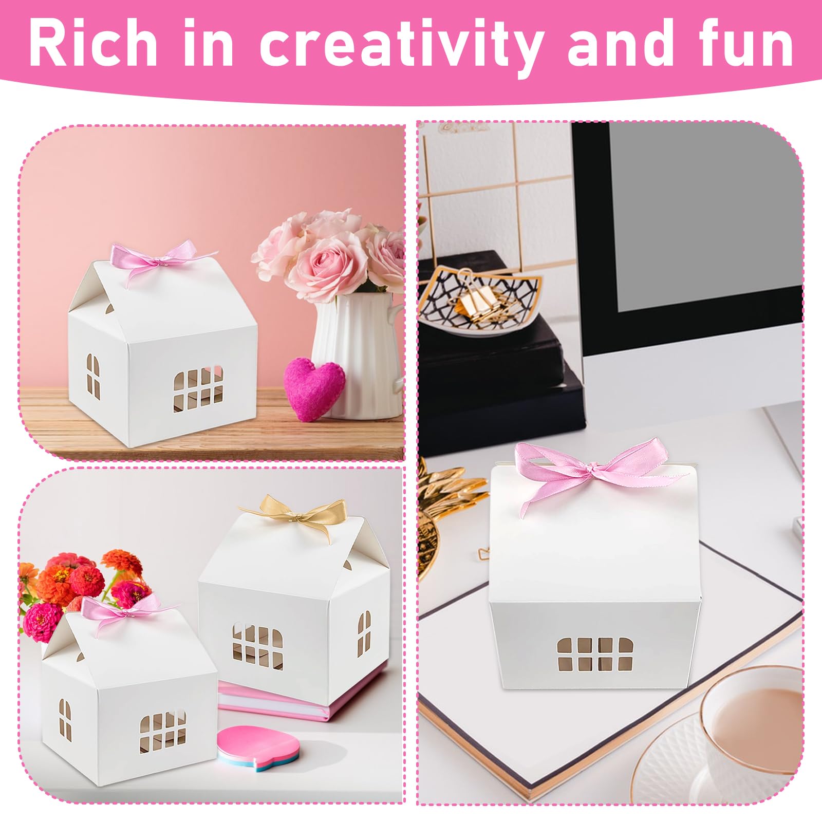 CODOHI 24PCS House Shaped Gift Boxes Paper House Boxes with Ribbons for Treats, House Gift Box Treat Boxes for Dessert, Fancy Cookie Boxes for Gift Giving