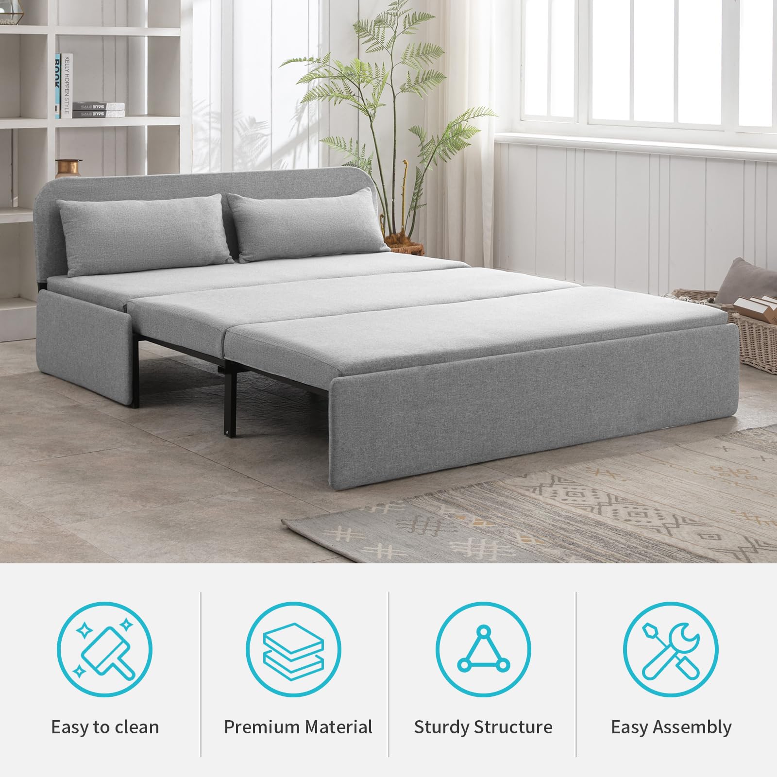 CECER Queen Size Pull Out Sofa Bed, Pull Out Couch Bed with 2 Pillows, Linen Convertible Sleeper Sofa with Foldable Mattress, 2 in 1 Armless Sleeper Sofa for Living Room (Light Grey)