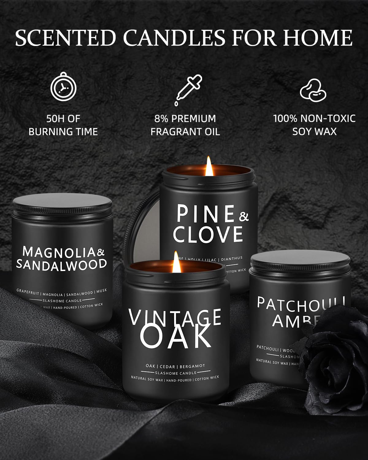 Scented Candles for Men - 4 Pack Scented Candles Gifts for Men, Dad, Boyfriend - 50 Hours Long Burning Soy Candles for Home Scented (Pine/Sandalwood/Patchouli/Oak)