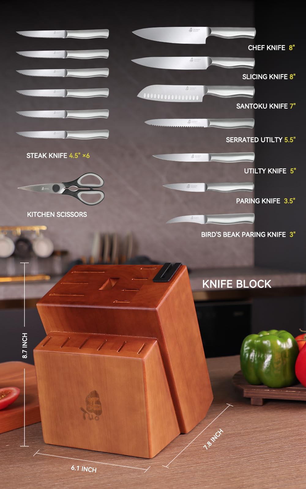 TUO Knife Set with Block and Sharpener, 16 Pcs High Carbon Stainless Steel Knife Block Set, Razor Sharp Kitchen Knife Set, Non-Slip Ergonomic Handle