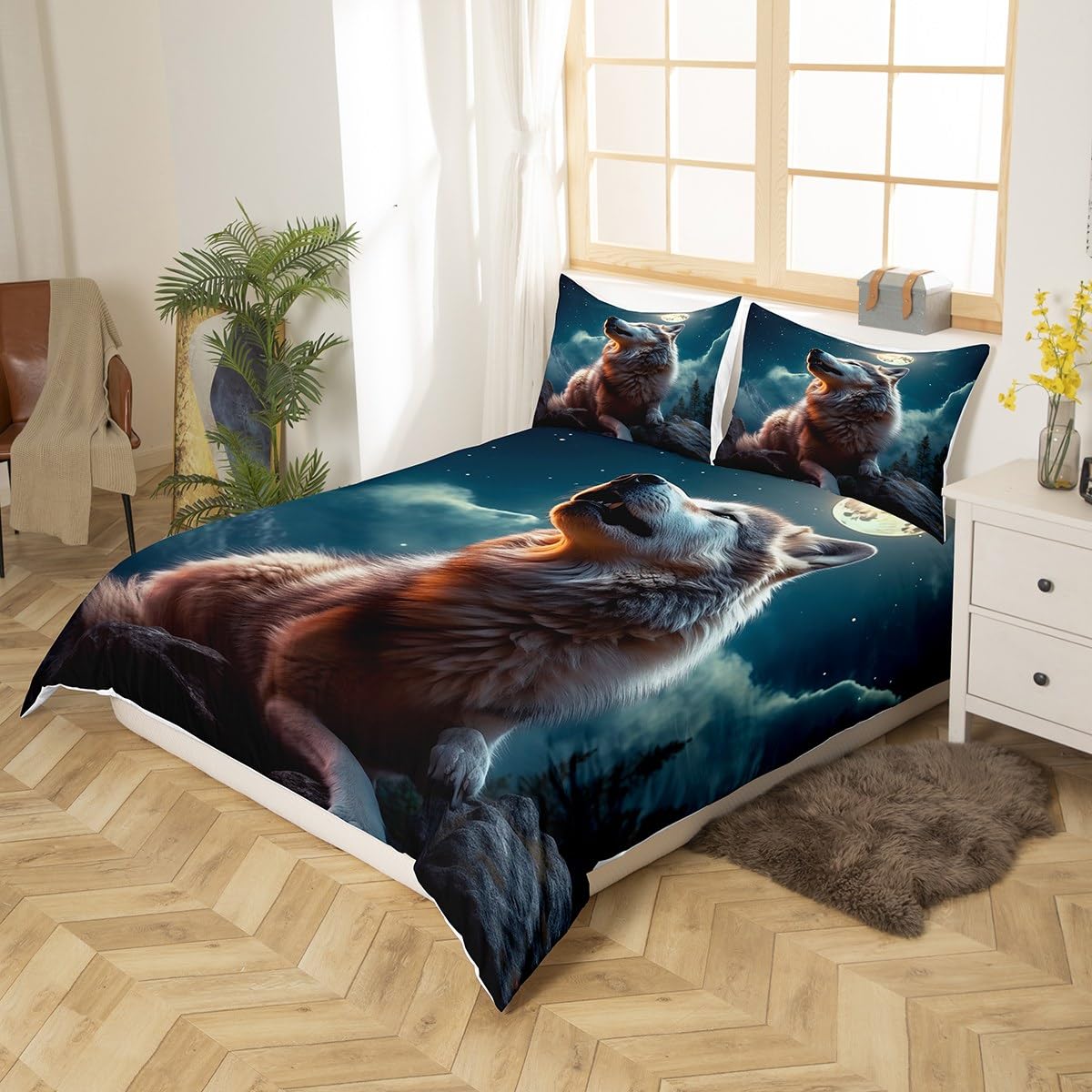 Feelyou Wolf Bedding Set Queen Size, Wolf Animal Duvet Cover Kids Boys Girls Wild Wolf Comforter Cover Kids Wolf Bedspread Cover Soft Quilt Cover 3Pcs(No Comforter)