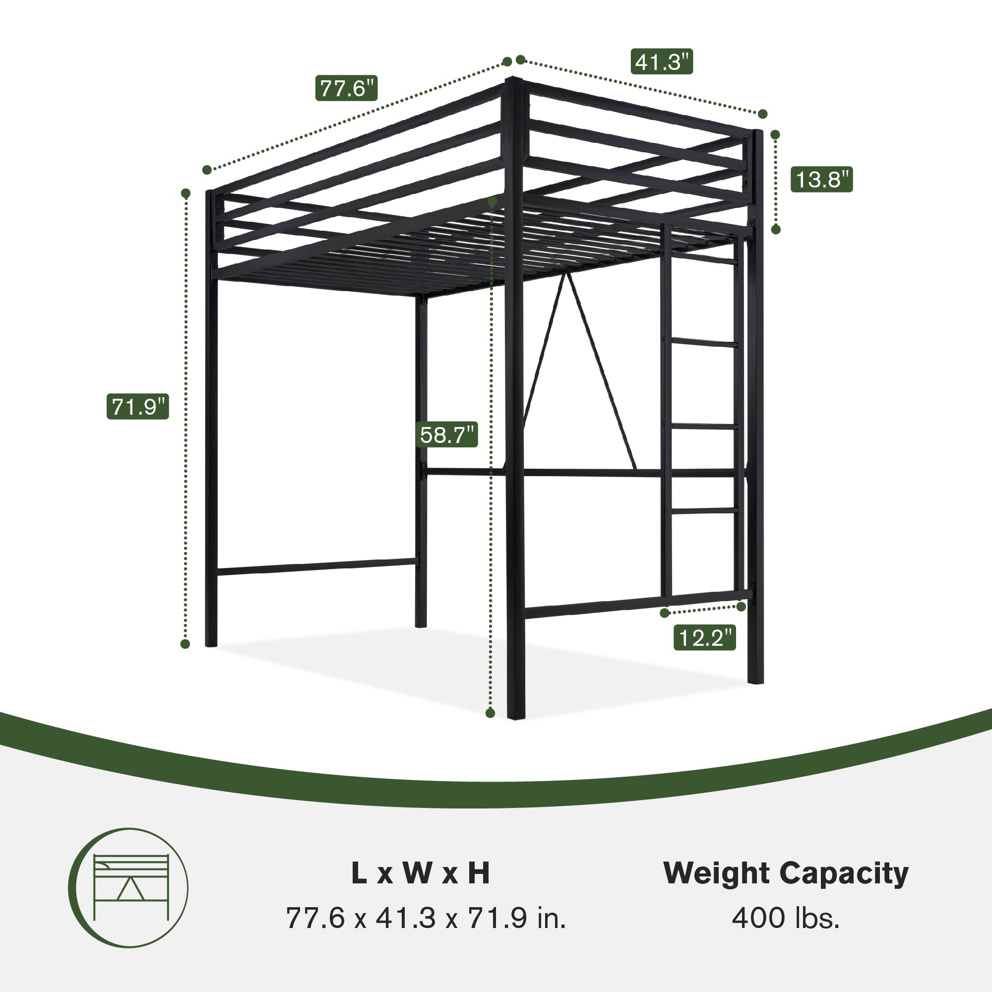 MUTICOR Loft Bed Frame for Juniors&Adults, Metal Loft Bed Twin Size with Safety Guardrail&Removable Ladder, Space-Saving, Noise Free, Matte Black