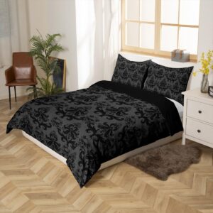 Feelyou Black Bedding Set Twin Size Kids Jacquard Comforter Cover Set for Boys Teens Sugar Skull Duvet Cover Exotic Black Damask Bedspread Cover Room Decor Quilt Cover