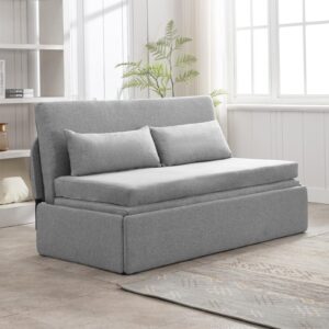 CECER Queen Size Pull Out Sofa Bed, Pull Out Couch Bed with 2 Pillows, Linen Convertible Sleeper Sofa with Foldable Mattress, 2 in 1 Armless Sleeper Sofa for Living Room (Light Grey)