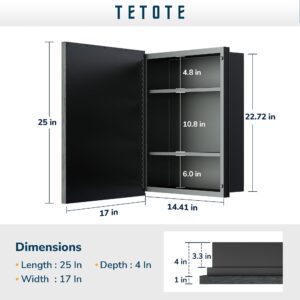 TETOTE Medicine Cabinet with Mirror 17 x 25 Inch Brushed Silver for Bathroom Aluminum Framed Surface or Recessed Wall-Mounted Medicine Cabinets Beveled Mirror with Storage 1 Door Modern Farmhouse