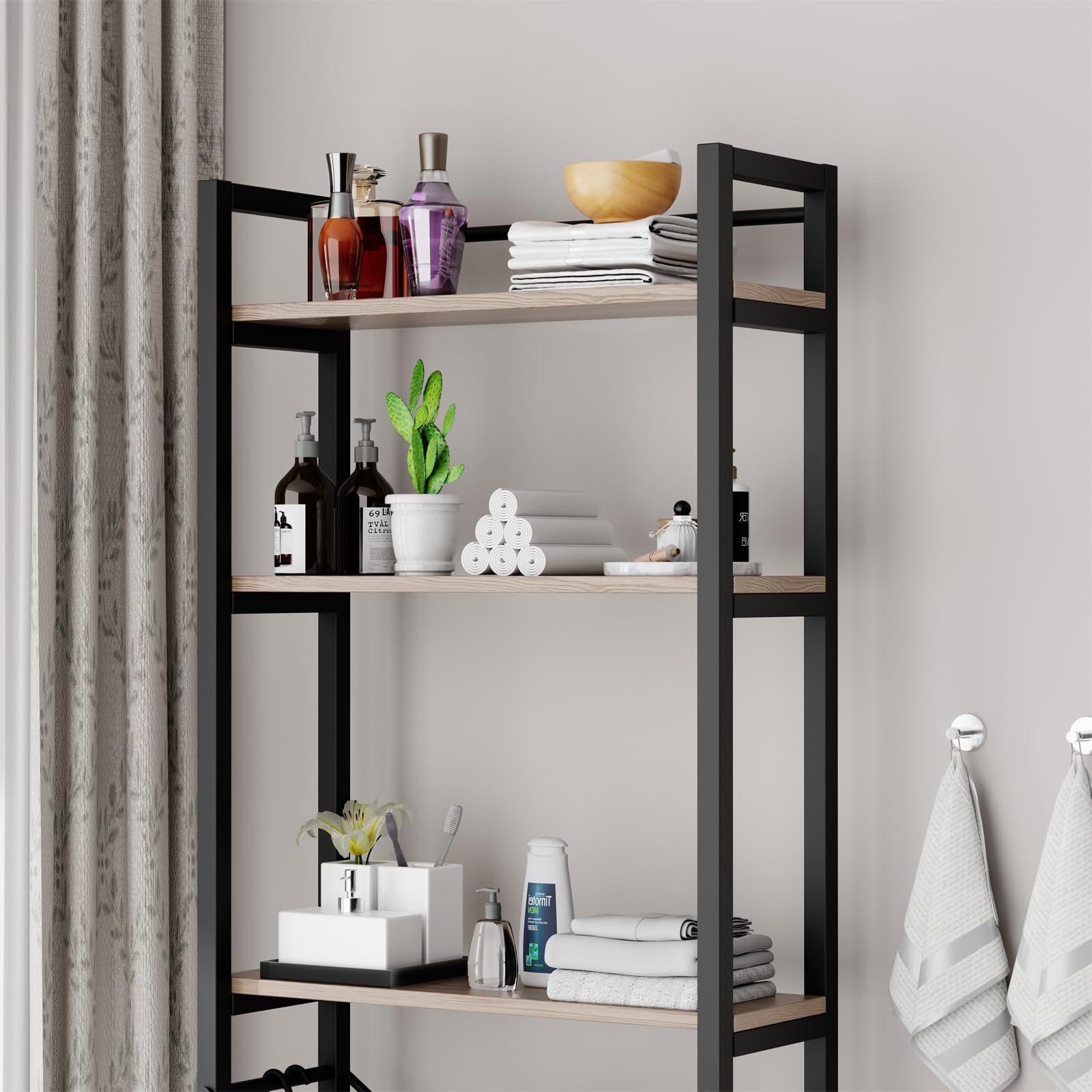 BEWISHOME Over The Toilet Storage, 3-Tier Bathroom Over Toilet Shelves with Hooks, Over Toilet Organizer, Above Toilet Shelf Rack Space Saver for Bathroom Washroom Balcony, Greige and Black YMJ02H