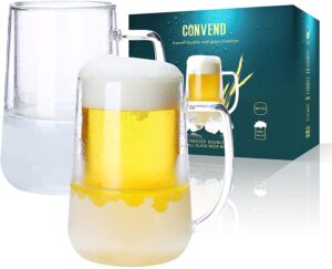 convend beer mugs for freezer,double wall clear borosilicate glass beer mug with handle,ice cup for beer,milk and juice-16 oz capacity, set of 2